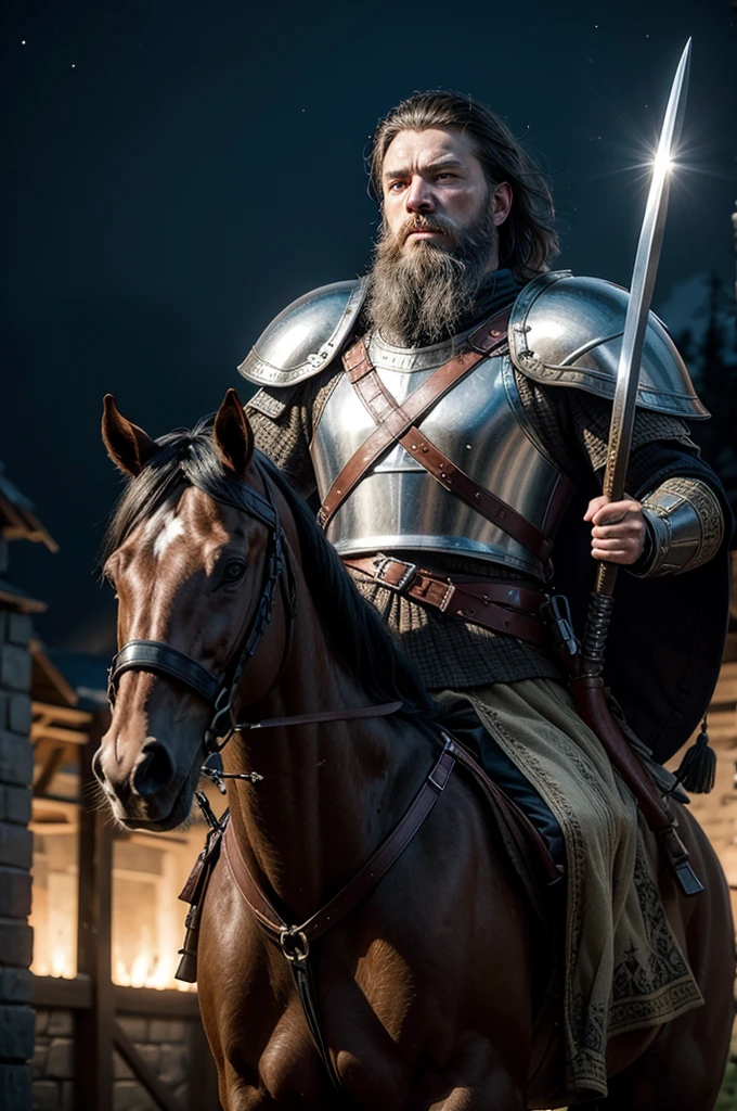 1 man from the medieval Germanic empire, best qualityer, fot, warrior, with beard, looking 45 years old, short-hair, your horse in black, Sword and shield, in the background a battle,    fild, night-time, with dead and bleeding people, night lighting, details Intricate, tone mapping, sharp focus, hyper detailled, trends on artstation, gazing at viewer, realisitic