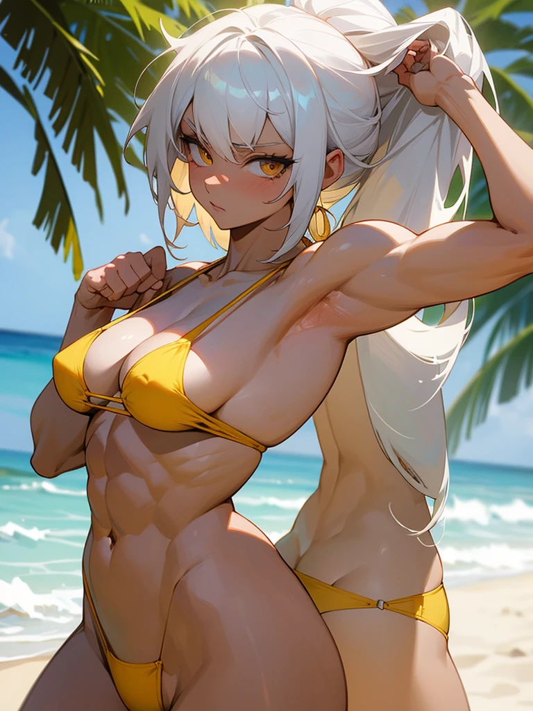 18 year old anime muscle mommy with white hair and pale skin in a yellow thong bikini flexing her muscles with her hands behind her head so they are not seen to pridefully show off her abs on a white sanded beach, highly detailed