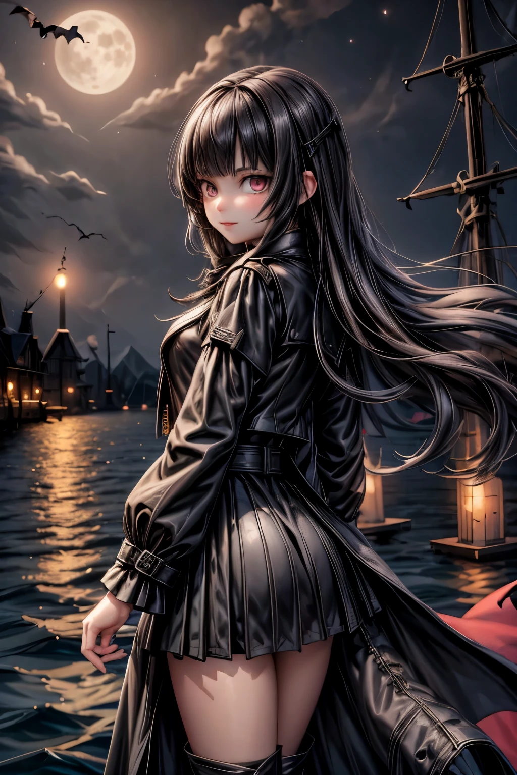 a vampire hunter girl wearing a Black Trench Coat and skirt, sailing on a boat, dark dock at night, castlevania art style, moon, lanterns and candles floating on the water