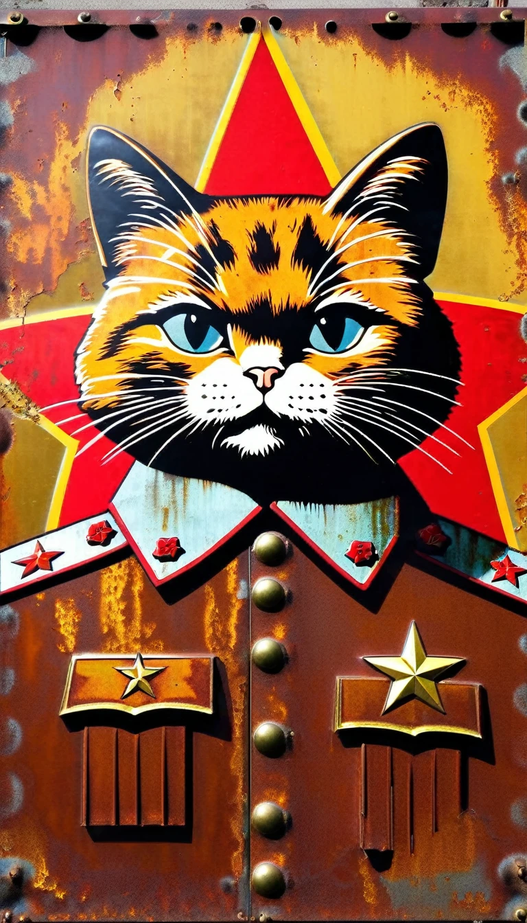decorative metal sheet, rusty, communist cat