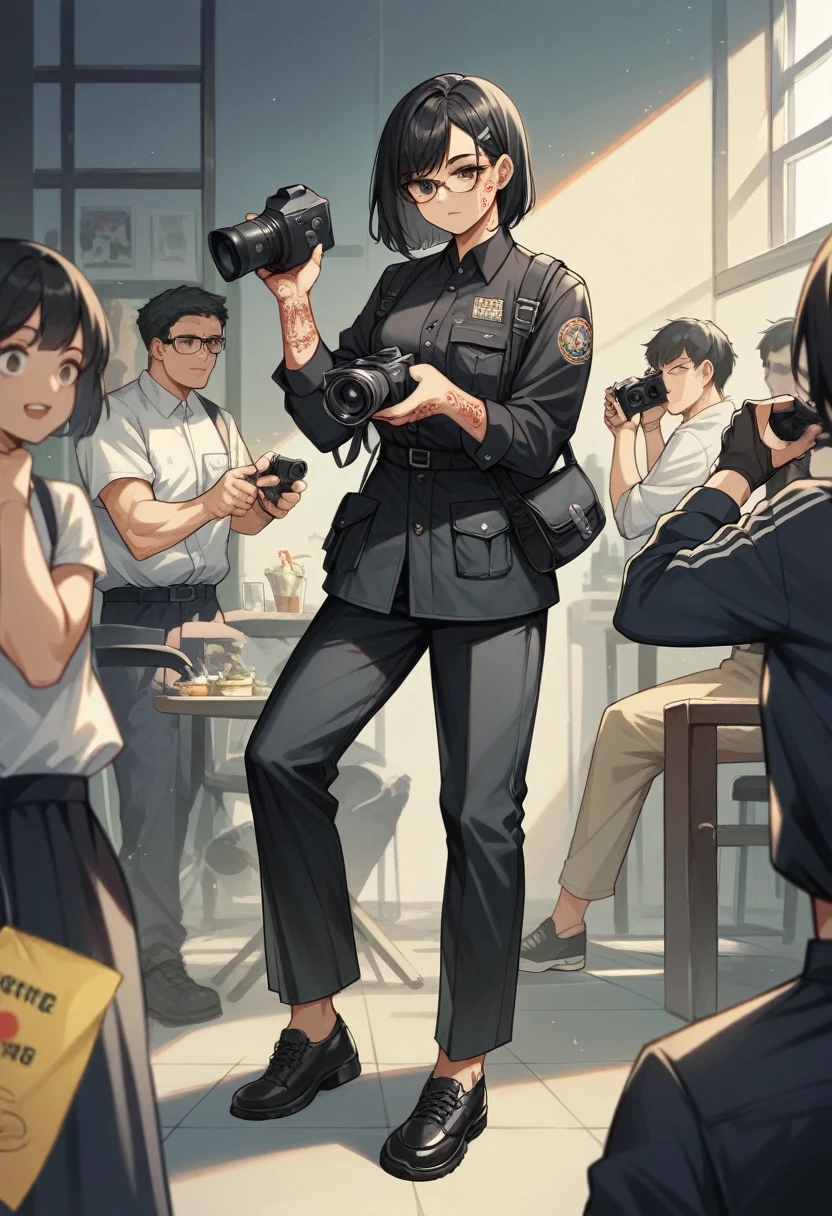 ((photographer )), ((holding camera)), (Bblack hair), 1 girl, black uniform, Bblack hair, black shoe, body tattoo, Eyeglasses, dark eye color, working at a party