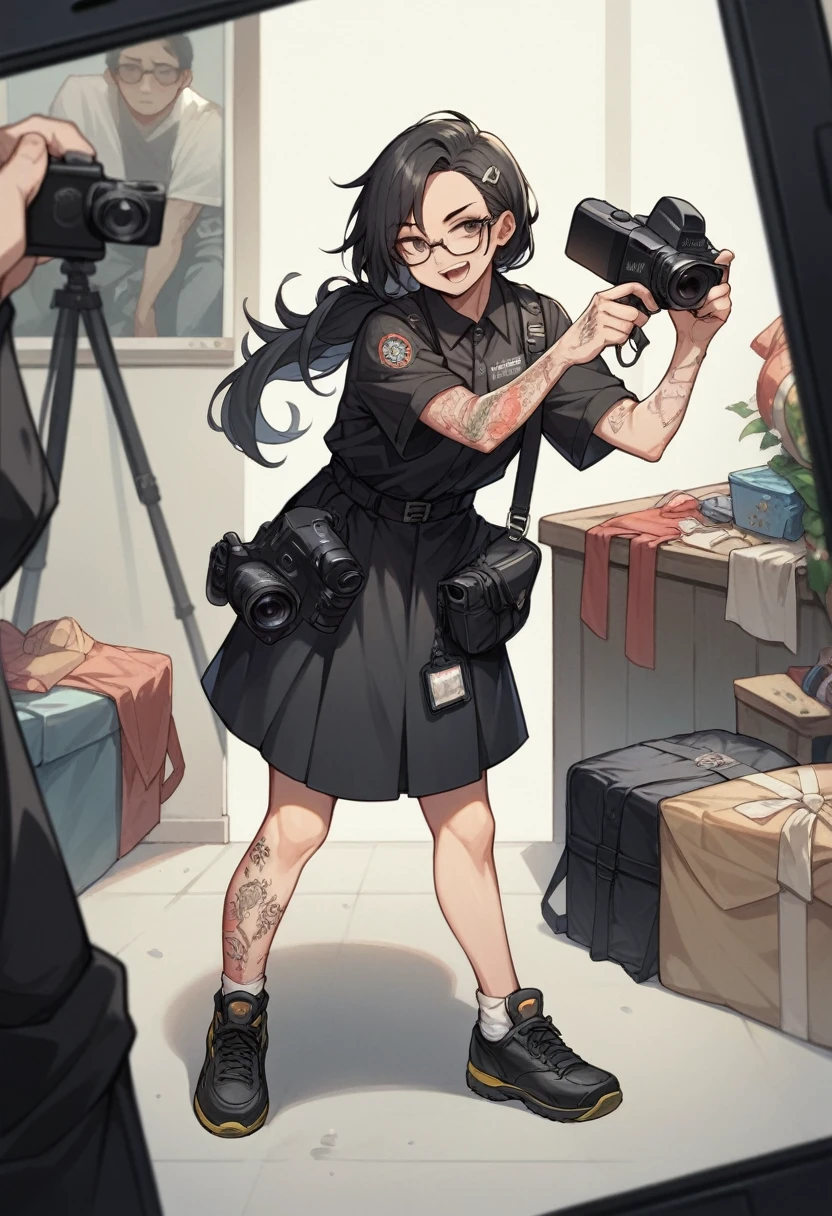 ((photographer )), ((holding camera)), (Bblack hair), 1 girl, black uniform, Bblack hair, black shoe, body tattoo, Eyeglasses, dark eye color, working at a party