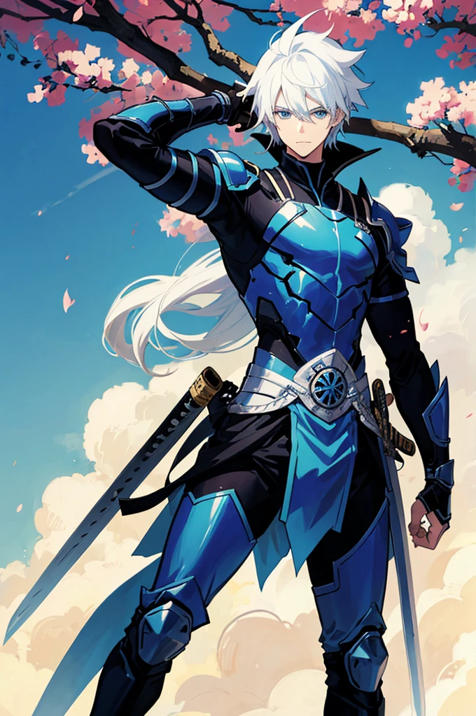 A 25 years old anime man with white hair, holding a Katana, Wearing a Blue and Black armor , Standing close to a tree