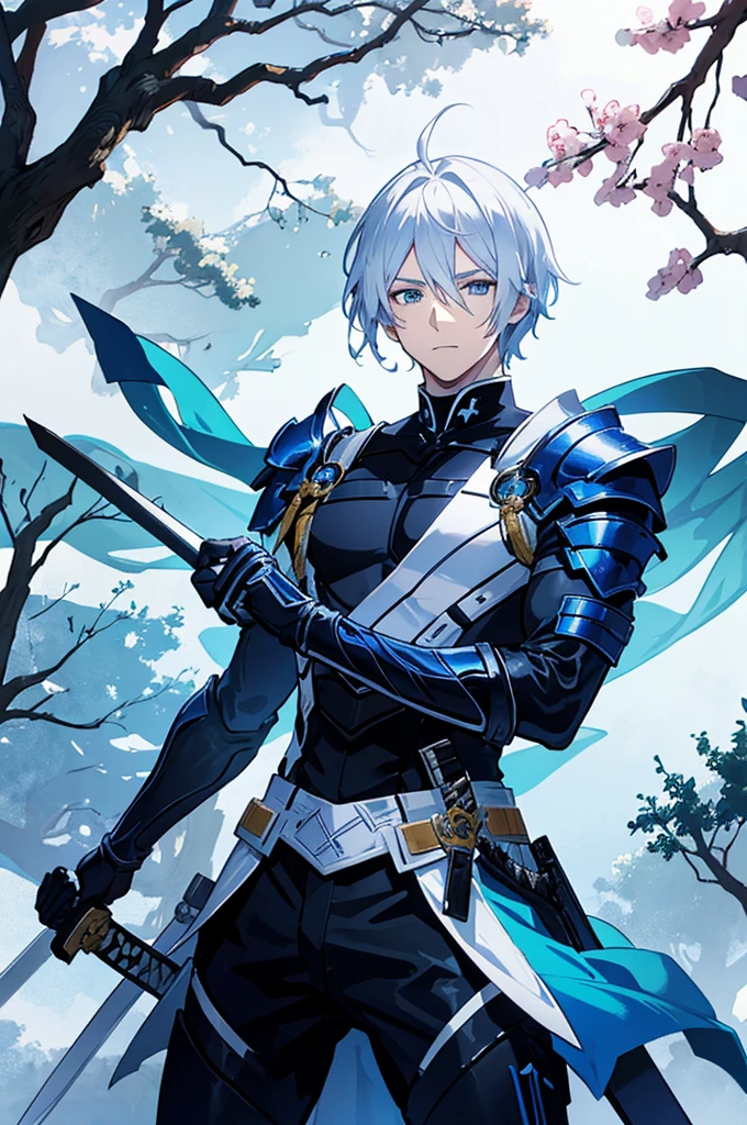 A 25 years old anime man with white hair, holding a Katana, Wearing a Blue and Black armor , Standing close to a tree