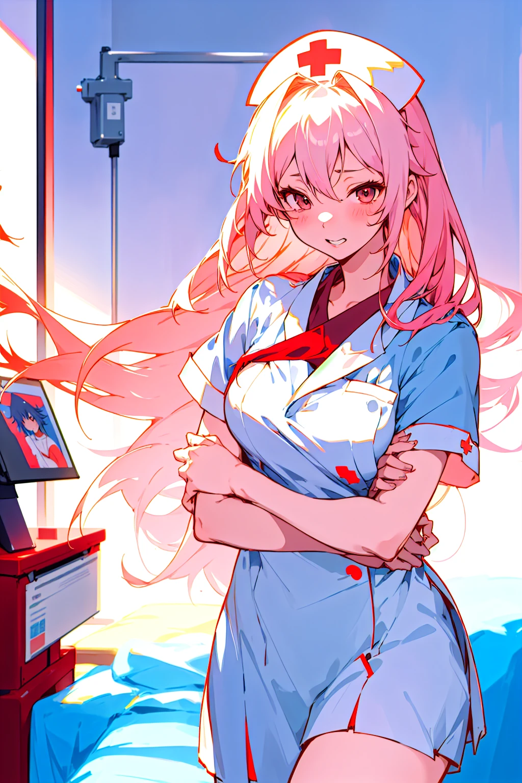 anime - style illustration of a nurse in a hospital gown standing in a bed, guweiz on pixiv artstation, bloody + concept art, guweiz on artstation pixiv, yandere, gapmoe yandere, pixiv contest winner, digital art on pixiv, zerochan art, gapmoe yandere grimdark, pixiv, nurse girl