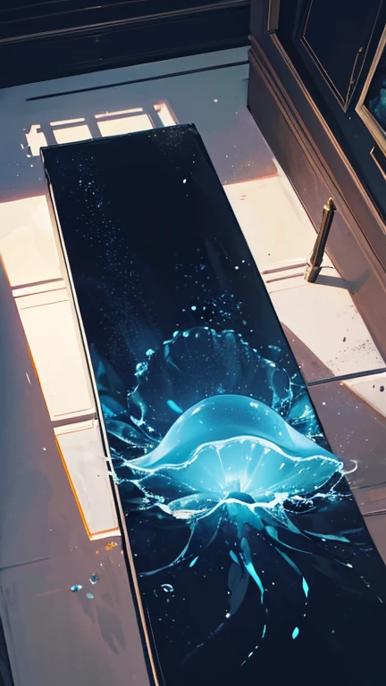 Dark Deep Sea,A single jellyfish, much smaller than the image on the screen,Light shines in,Jellyfish illuminated by light,The jellyfish collapses at the bottom of the ocean,Sand,Deep Sea