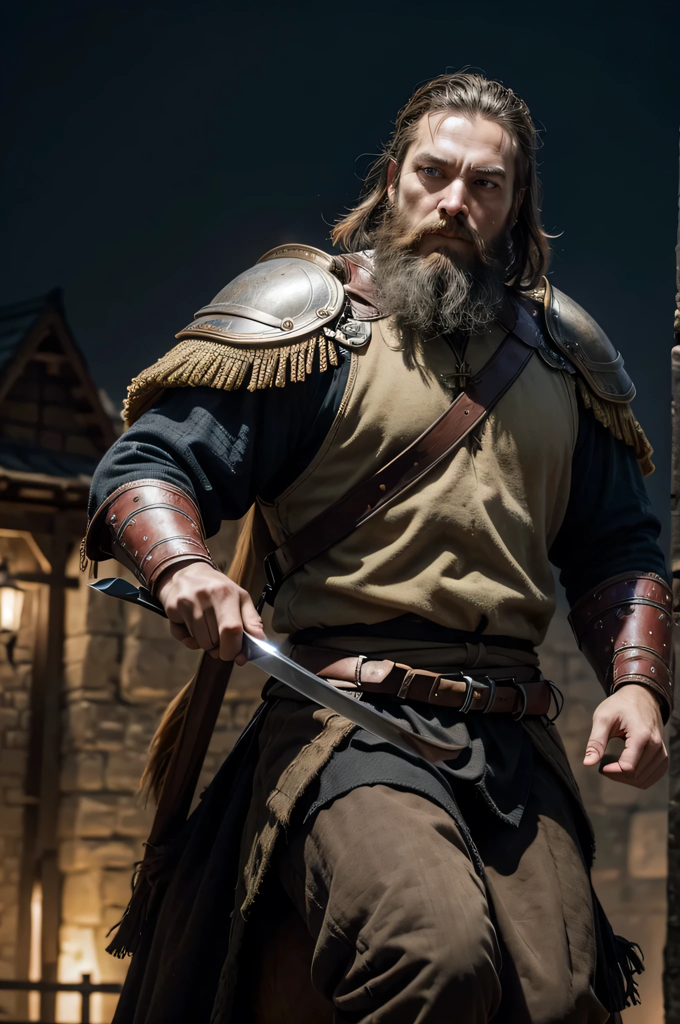 1 man from the medieval Germanic empire, best qualityer, fot, warrior, with beard, looking 45 years old, short-hair, your horse in black, Sword and shield, in the background a battle,    fild, night-time, with dead and bleeding people, night lighting, details Intricate, tone mapping, sharp focus, hyper detailled, trends on artstation, gazing at viewer, realisitic