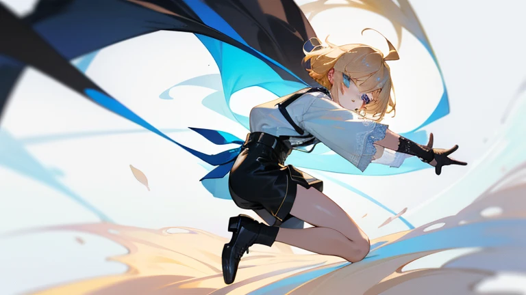 A teenager,Short flaxen hair,blue color eyes,Bangs cover one eye,Wear a white shirt,The cuffs have long lace trims,longer sleeves,Wearing black shorts,Wear suspenders and leather shoes,He wears black half-palm gloves on his hands,full bodyesbian,