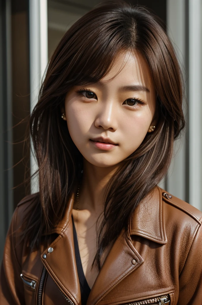 Korean girl with light brown hair, with light brown eyes and light skin, with a small scar on his chin, and an ear piercing, wearing a leather jacket