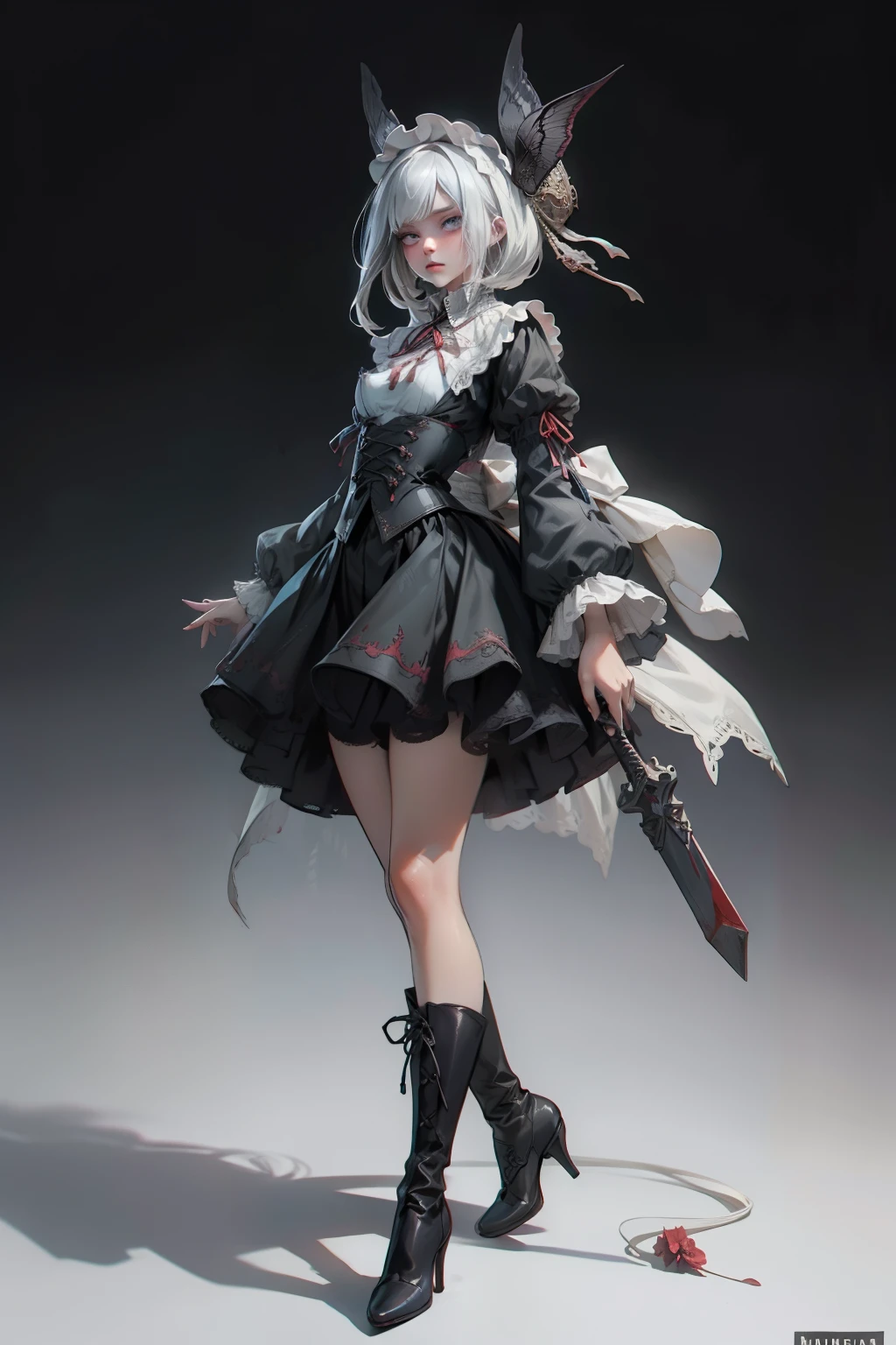 ((best quality)), ((masterpiece)), (detailed), blank white background, plain background, white background, red and white clothing, Bloodborne inspired,  occult aesthetic, occult, detailed and intricate steampunk and detailed gothic, NSFW, Very dramatic and cinematic lighting, cosmic horror, grim-dark, side-lighting, perfect face, NSFW, Fluttering lace flared long knee length dress with frilly petticoats, knee length dress, pleated petticoats, lolita dress, petticoats gothic lolita, complex lace boots, side-lighting, gothic lolita aesthetic, wielding a mighty sword with mechanical components, carbine, NSFW, beautiful small breasts, small breasts, full body, whole body, body, plain background, white background, blank background, no background, white background NSFW, full body, whole body, head-to-toe NSFW