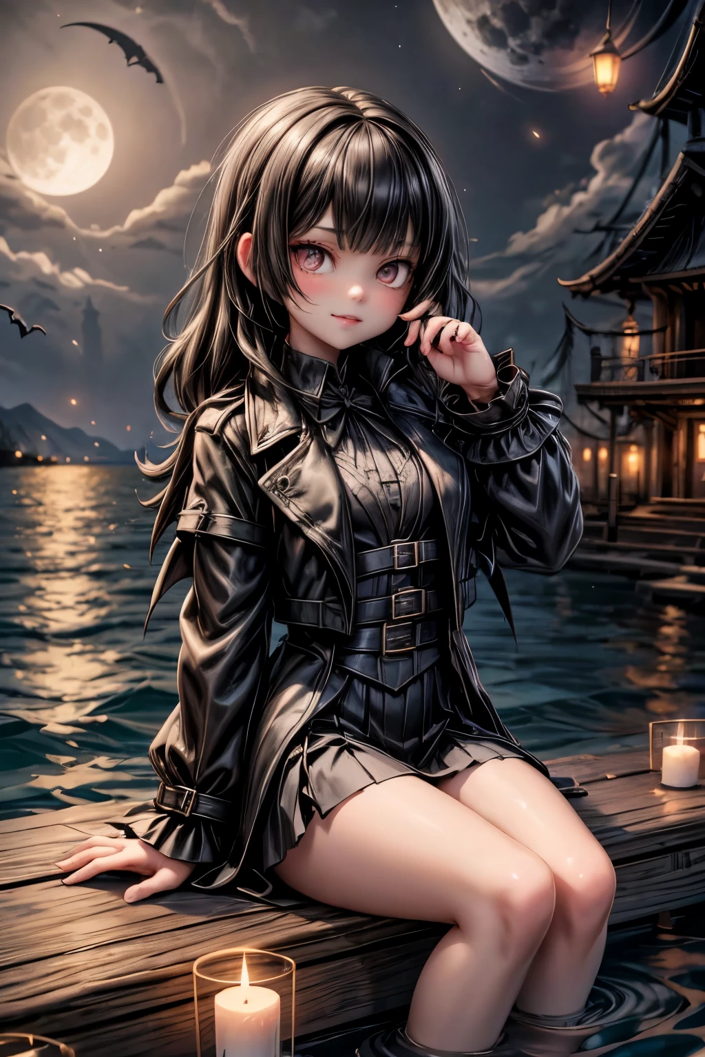 a vampire hunter girl wearing a Black Trench Coat and skirt, sitting on a boat at the shore at night, shore at night, castlevania art style, moon, lanterns and candles floating on the water