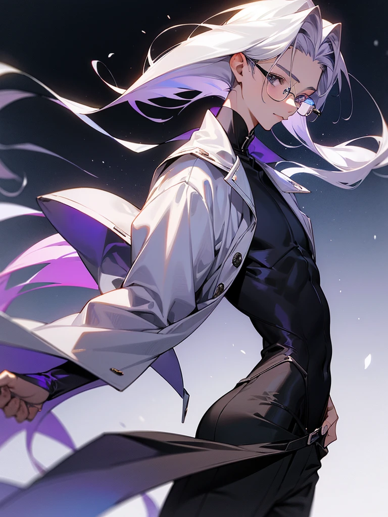 A slim 19-year-old boy with long lavender hair, silver-gray eyes and wears stylish black glasses. his skin is snow white and smooth.