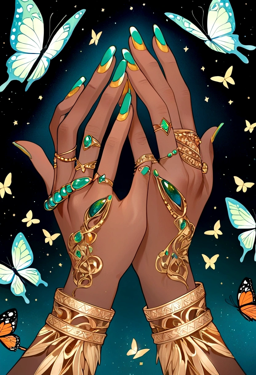 a pair of hands with green fingernails and gold rings, surrounded by butterflies and stars, Chinwe Chukwuogo-Roy, feminist art, detailed illustration, digital art, realistic, photorealistic, photo-realistic:1.37, best quality,4k,8k,highres,masterpiece:1.2,ultra-detailed, HDR, UHD, studio lighting, ultra-fine painting, sharp focus, physically-based rendering, extreme detail description, professional, vivid colors, bokeh
