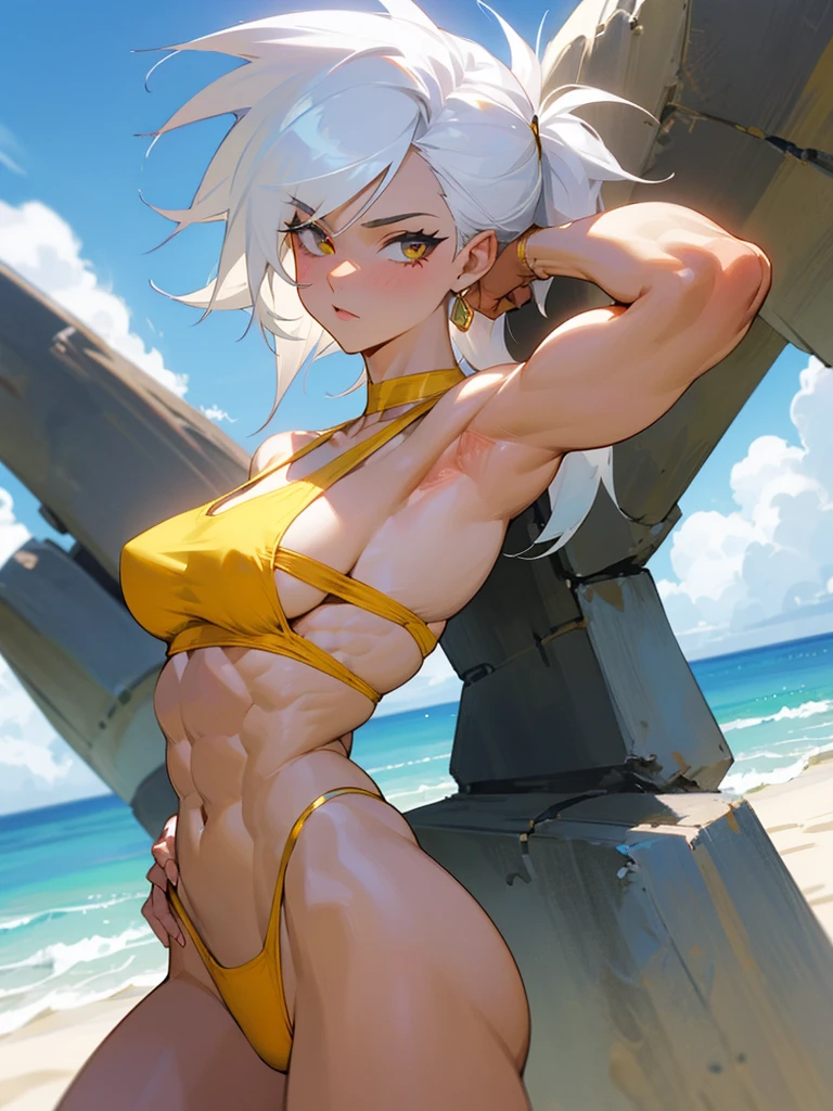 18 year old anime muscle mommy with white hair and pale skin in a yellow thong bikini flexing her muscles with her hands behind her head so they are not seen to pridefully show off her abs on a white sanded beach, highly detailed