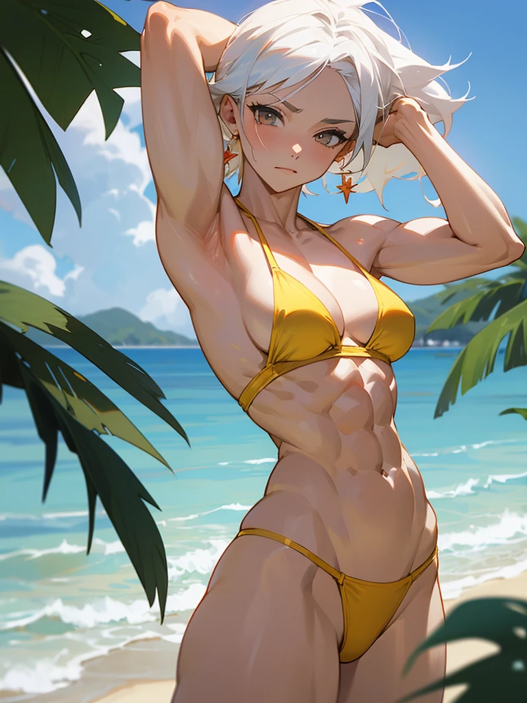 18 year old anime muscle mommy with white hair and pale skin in a yellow thong bikini flexing her muscles with her hands behind her head so they are not seen to pridefully show off her abs on a white sanded beach, highly detailed