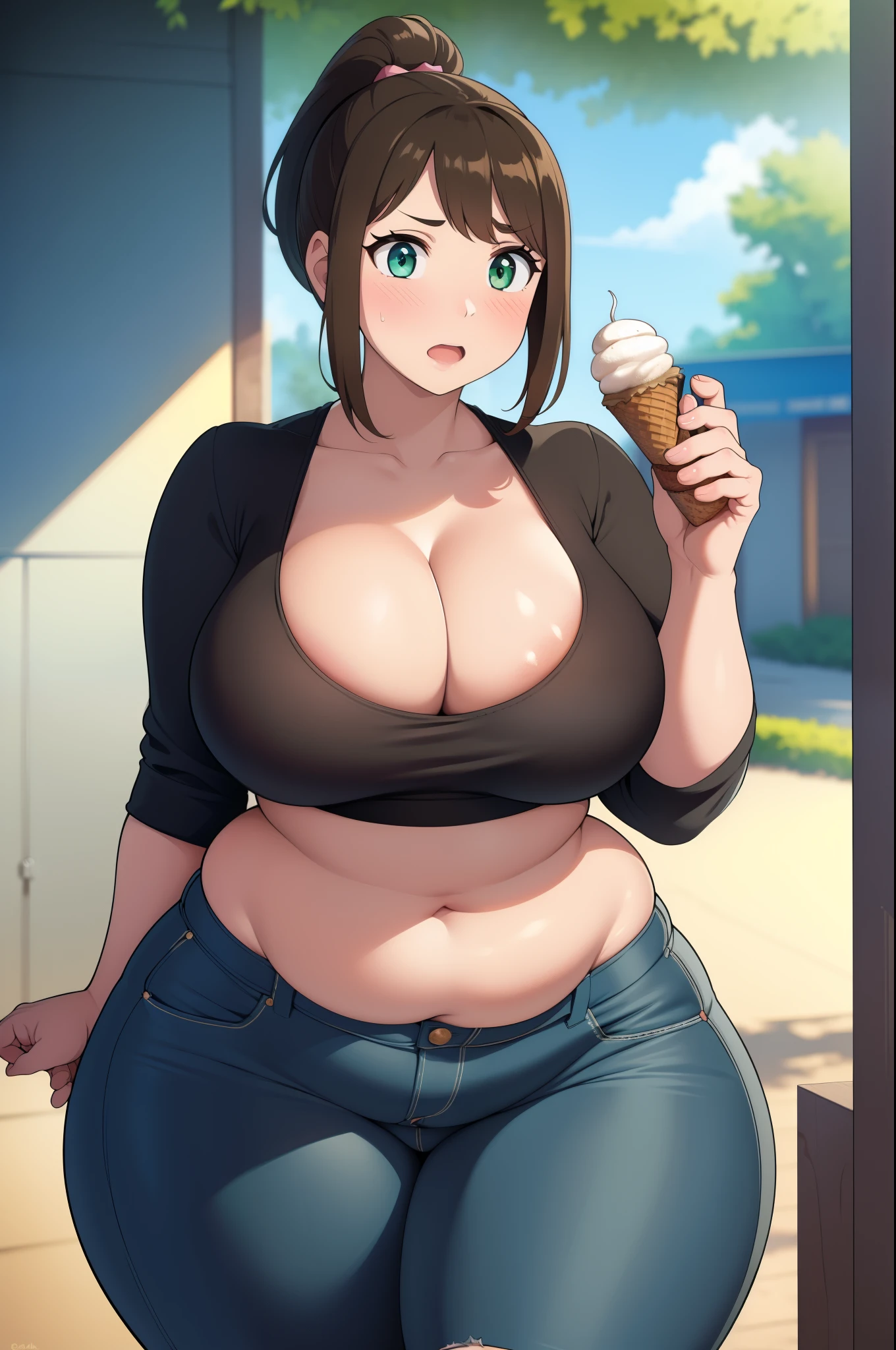 ((Masterpiece)), perfect anatomy, perfect shading, field of depth, (best quality), extremely delicate and beautiful, perfect lighting, detailed face, ultra cute face, cute, (1girl), (solo),
short fluffy brown hair, ponytail, green eyes, ((blush)), embarrassed, looking at viewer, crop top, shorts, cleavage, medium breasts, ((thick thighs)), ((wide hips)), fat ass, chubby,
intricate background, detailed background, park, standing, holding ice cream,