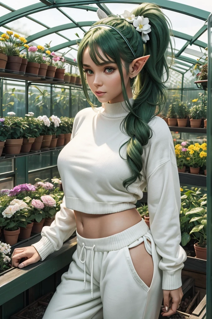 30 year old woman from Saturn, elf ears, thick athletic body, beautiful, cute, green ponytail hair with flower headband, in greenhouse, wearing white sweater and sweatpants