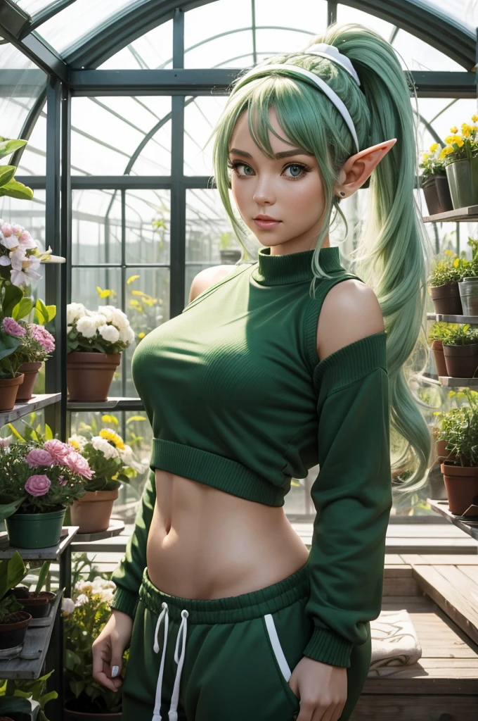 30 year old woman from Saturn, elf ears, thick athletic body, beautiful, cute, green ponytail hair with flower headband, in greenhouse, wearing white sweater and sweatpants