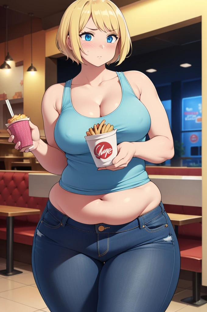 ((Masterpiece)), perfect anatomy, perfect shading, field of depth, (best quality), extremely delicate and beautiful, perfect lighting, detailed face, ultra cute face, cute, (1girl), (solo),

short fluffy blonde hair, blue eyes, ((blush)), nervous, looking at viewer, tank top, jeans, cleavage, large breasts, ((thick thighs)), (wide hips), fat ass, chubby, 

intricate background, detailed background, fast food restaurant, standing, 
