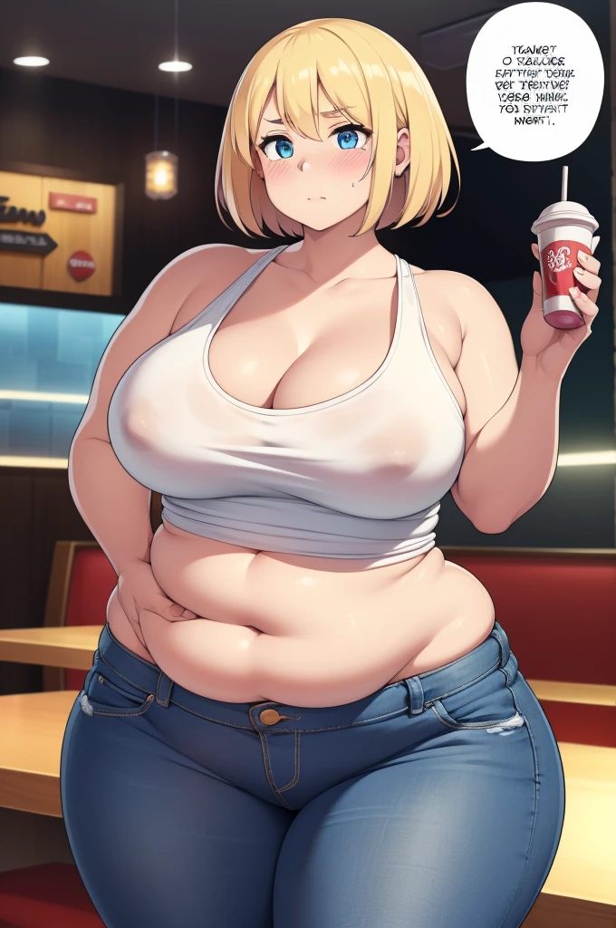 ((Masterpiece)), perfect anatomy, perfect shading, field of depth, (best quality), extremely delicate and beautiful, perfect lighting, detailed face, ultra cute face, cute, (1girl), (solo),

short fluffy blonde hair, blue eyes, ((blush)), nervous, looking at viewer, tank top, jeans, cleavage, large breasts, ((thick thighs)), (wide hips), fat ass, chubby, 

intricate background, detailed background, fast food restaurant, standing, 
