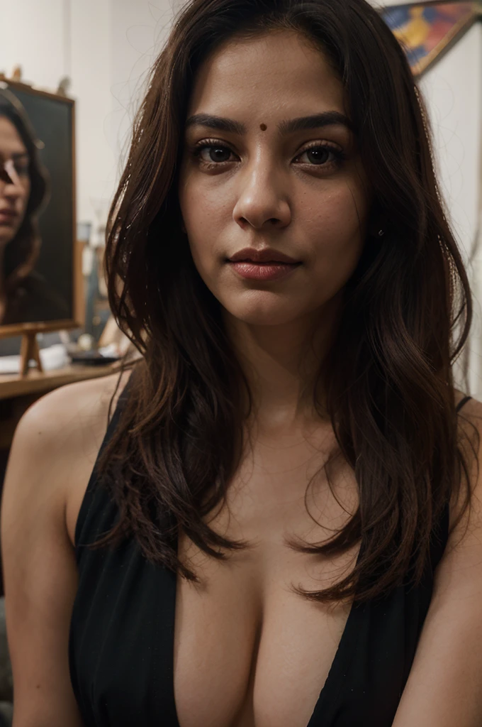 ((best qualityer)), ((work of art)), (detailded), 1 girl, Portrait of a sexy looking Indian woman with long flowing hair, hazel eyes, with fluttering covers, perfect composition, hyper realist, Super detailded, 8K, high qualiy, trending art, trends on artstation, sharp focus, studio photo, details Intricate, altamente detailded, art by greg rutkowski, without jewelry, sketch, front camera, looking into the lens, focusing on the lens