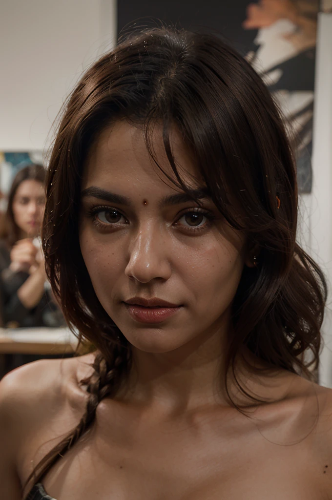 ((best qualityer)), ((work of art)), (detailded), 1 girl, Portrait of a sexy looking Indian woman with long flowing hair, hazel eyes, with fluttering covers, perfect composition, hyper realist, Super detailded, 8K, high qualiy, trending art, trends on artstation, sharp focus, studio photo, details Intricate, altamente detailded, art by greg rutkowski, without jewelry, sketch, front camera, looking into the lens, focusing on the lens