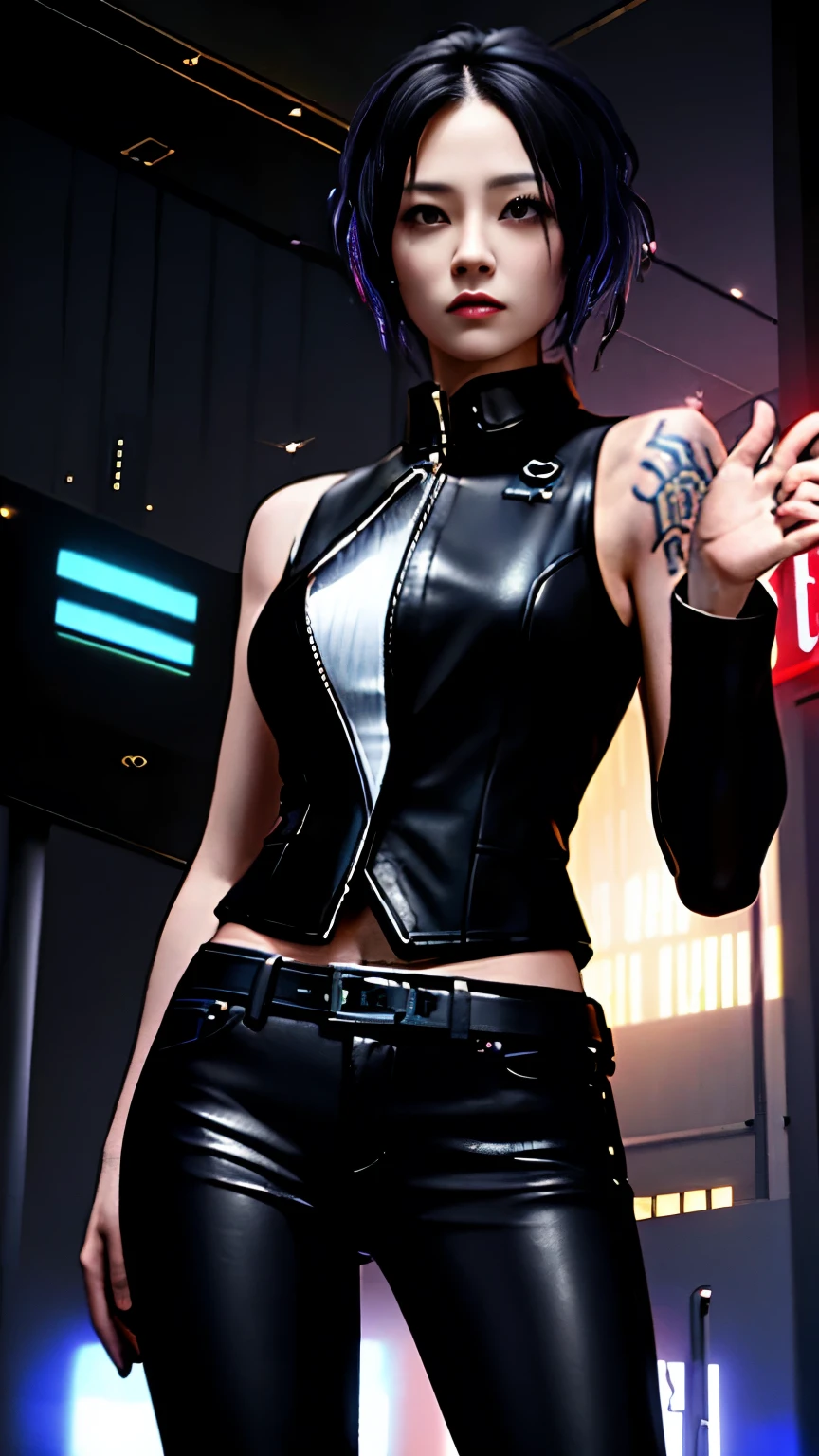 (highest quality)，masterpiece，Super detailed，8K, UHD，Beautiful woman，japanese woman，No expression，whole body，((tattoo))，slim，black leather pants，black leather vest，(female mafia)，gangster，(cyberpunk city)，night，cinematic lightening，underworld