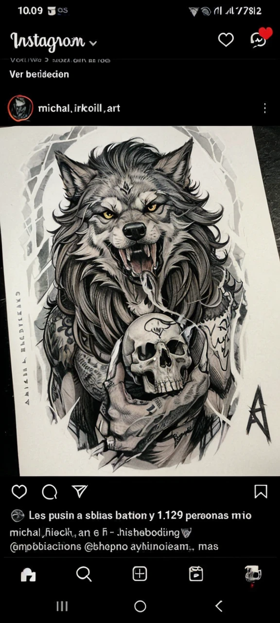 Tattoo design of a wolf with a skull