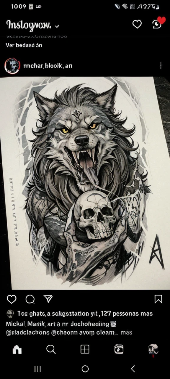 Tattoo design of a wolf with a skull