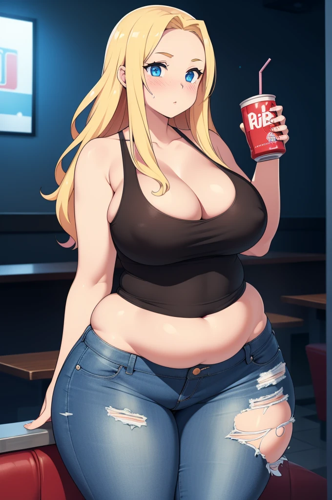 ((Masterpiece)), perfect anatomy, perfect shading, field of depth, (best quality), extremely delicate and beautiful, perfect lighting, detailed face, ultra cute face, cute, (1girl), (solo),

long fluffy blonde hair, blue eyes, ((blush)), embarressed, looking at viewer, tank top, jeans, cleavage, large breasts, ((thick thighs)), (wide hips), fat ass, chubby, 

intricate background, detailed background, fast food restaurant, standing, holding soda,
