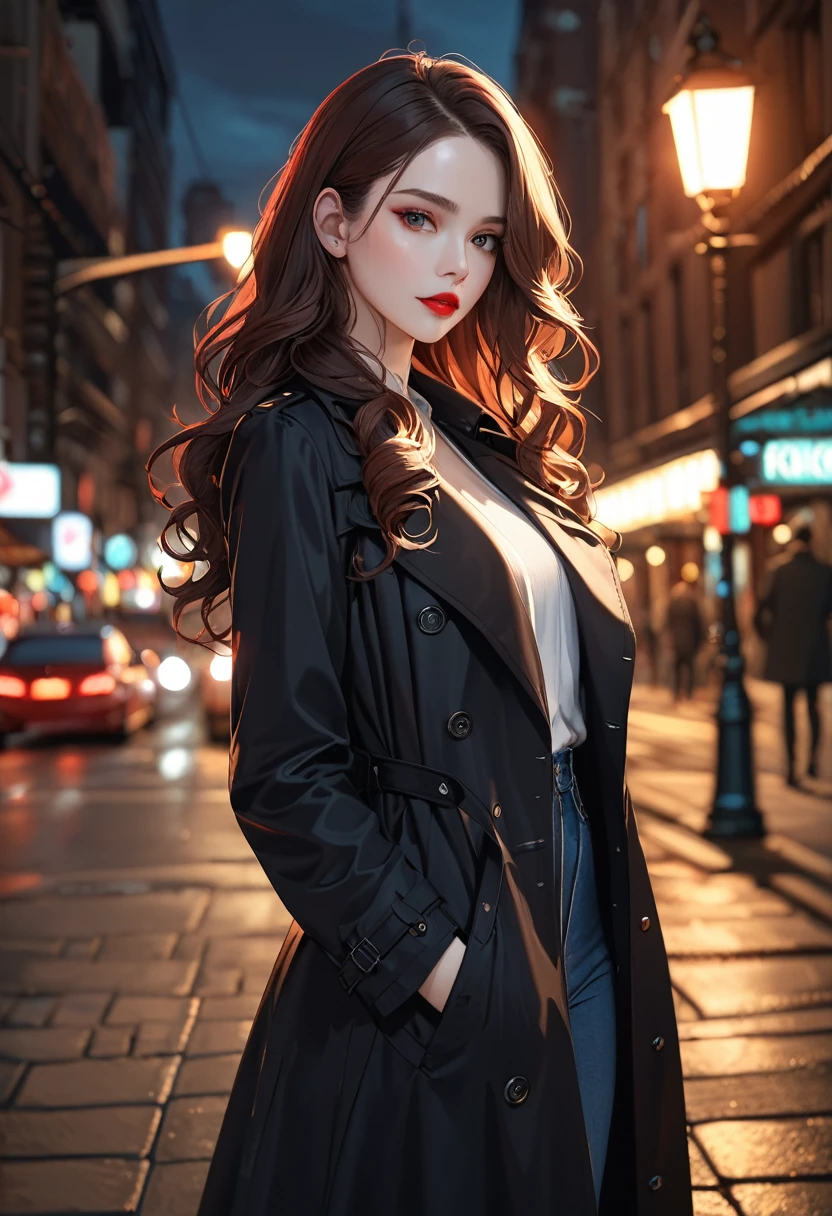 masterpiece, best quality, highres, high details, 4K, model_shot,1girl, solo, Red lips,long hair, Wavy curly brunette hair, pale skin,（Black trench coat）, Depth of Field, (Street Lights), Fantastic lights
