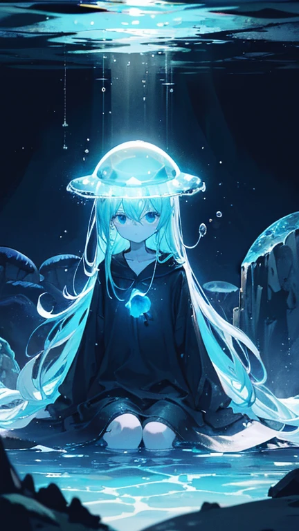 Dark Deep Sea,A single jellyfish, much smaller than the image on the screen,Light shines in,Jellyfish illuminated by light,Jellyfish at the bottom of the sea,Sand,Deep Sea