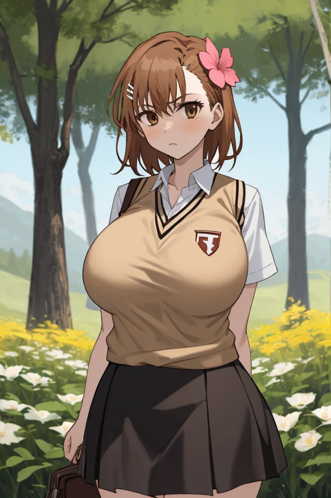 masterpiece, best quality, outdoors, forest,
GiganticAi, misaka mikoto, 1girl, solo, looking at viewer, cowboy shot, short hair, brown hair, brown eyes, flower, hair flower, hair ornament,
, sweater vest, shirt, skirt, white shirt, v-neck, short sleeves, alternate breast size, plump, gigantic breasts,
looking at viewer, cowboy shot, arms behind back, outdoors,