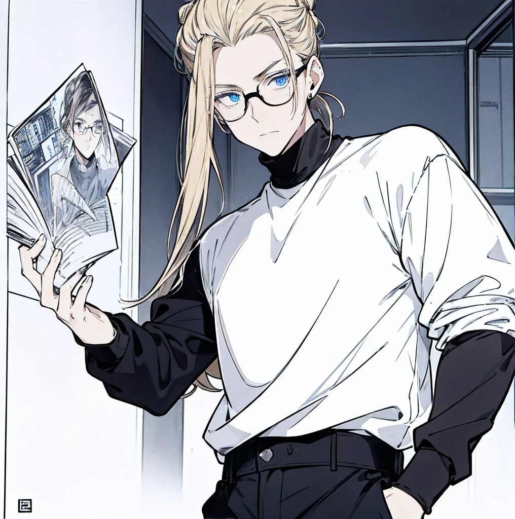 One person, Tall, tannish, male, lean and fit, blonde hair put in manbun, deep blue eyes, wearing black velvet long sleeve turtleneck, sleek black glasses, plack pants, white high tops, handsome.