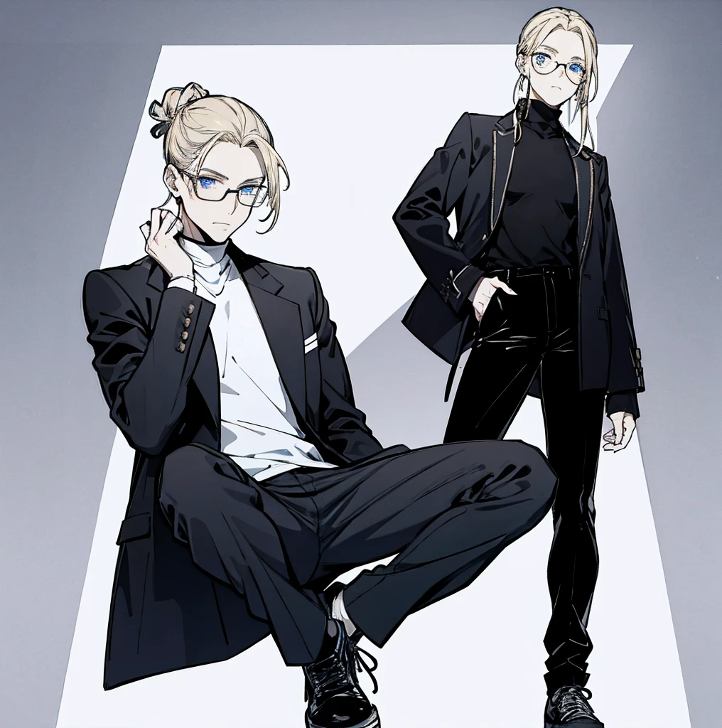 One person, Tall, tannish, male, lean and fit, blonde hair put in manbun, deep blue eyes, wearing black velvet long sleeve turtleneck, sleek black glasses, plack pants, white high tops, handsome.