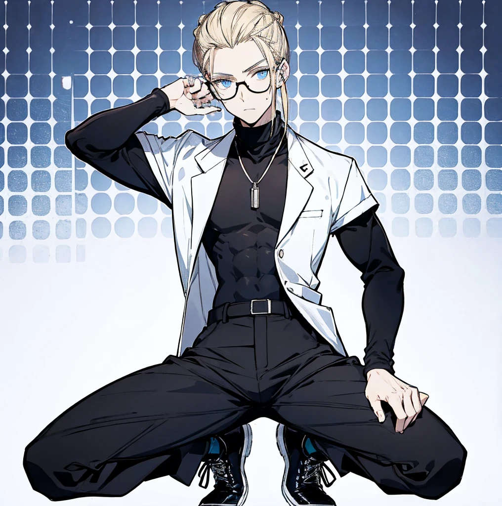 One person, Tall, tannish, male, lean and fit, blonde hair put in manbun, deep blue eyes, wearing black velvet long sleeve turtleneck, sleek black glasses, plack pants, white high tops, handsome.