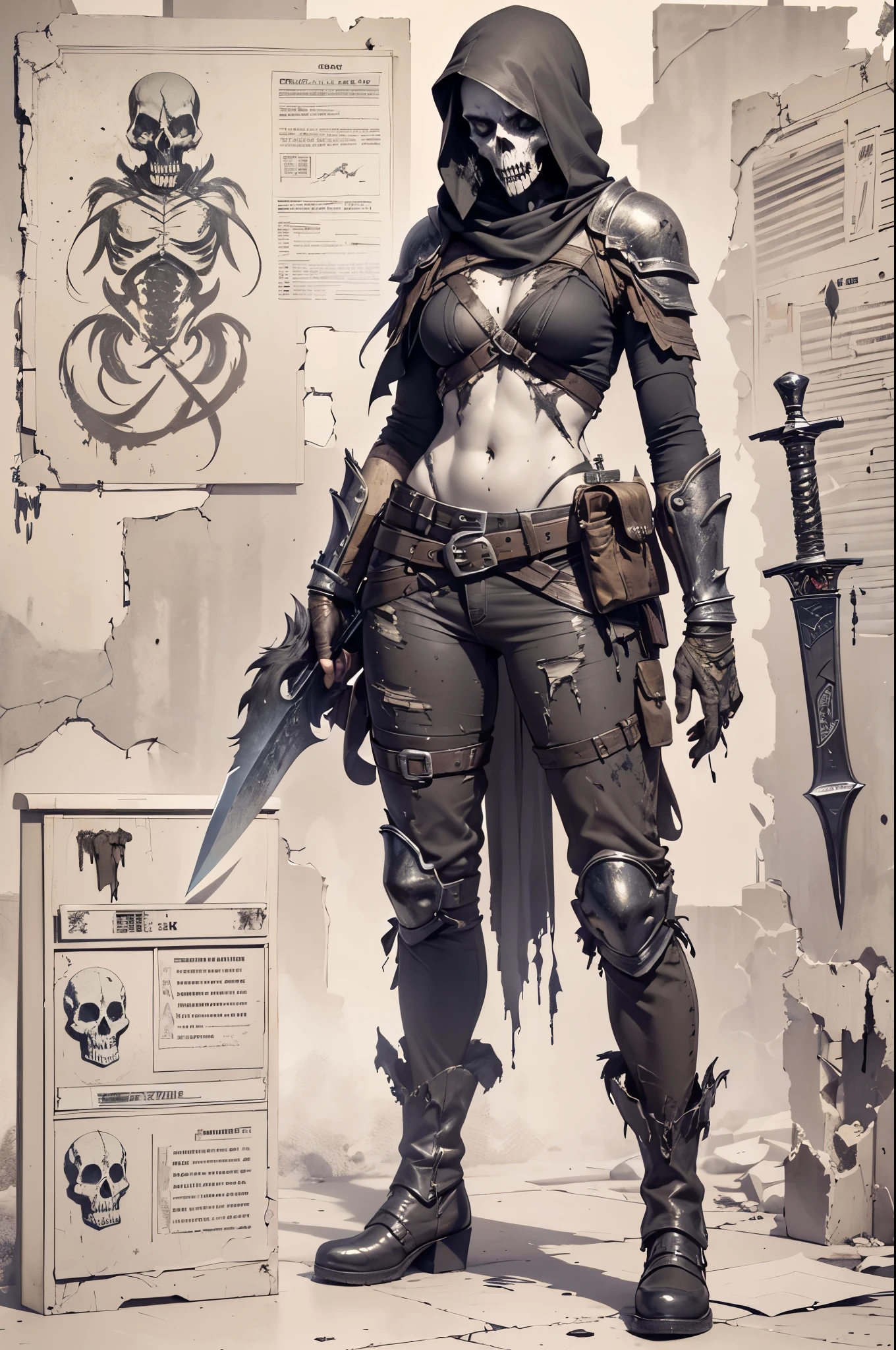 (best quality,4k,8k,highres,masterpiece:1.2),ultra-detailed,(realistic,photorealistic,photo-realistic:1.37),oil painting,colorful,brush strokes,dramatic lighting,horror,skull man warrior,aged paper,aesthetic,dripping ink,gritty texture,dark and moody atmosphere,detailed facial features,expressionless face,intense gaze,weathered armor,worn out sword,ancient runes,crow feathers,ominous background,grim reaper vibes,haunting,creepy,macabre,vintage style,monochrome with sepia tones,contrast,depth,texture,old world charm,subtle decay,aged elegance,cracked paint,weathered detailspeated paint,cracked stone texture,long shadows,dusty appearance,creased edges,sculptural quality, (((items and gear listed on the side)))