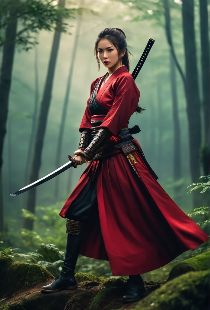 Hold the sword and open the scabbard.Handsome female warrior wearing dark red skirt, misty forest background.bokeh background.portrait,(best quality,4K,8K,high resolution,masterpiece:1.2) Art Station Contest Winners, fantasy art, female warrior, very beautiful cyberpunk samurai, Samurai sword, beautiful female warrior, beautiful teen female warrior, warrior princess, warrior teen girl, beautiful figure painting, she is holding a Samurai sword sword, japanese samurai, Ono City