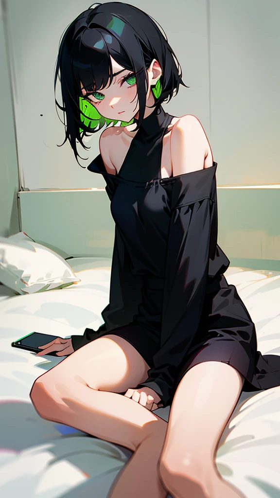 A girl with green eyes short straight black hair is wearing a loose black shirt that falls below her shoulders exposing her shoulders and a short black skirt she wears dark eye makeup is sitting on her bed listening to music with a headphone 