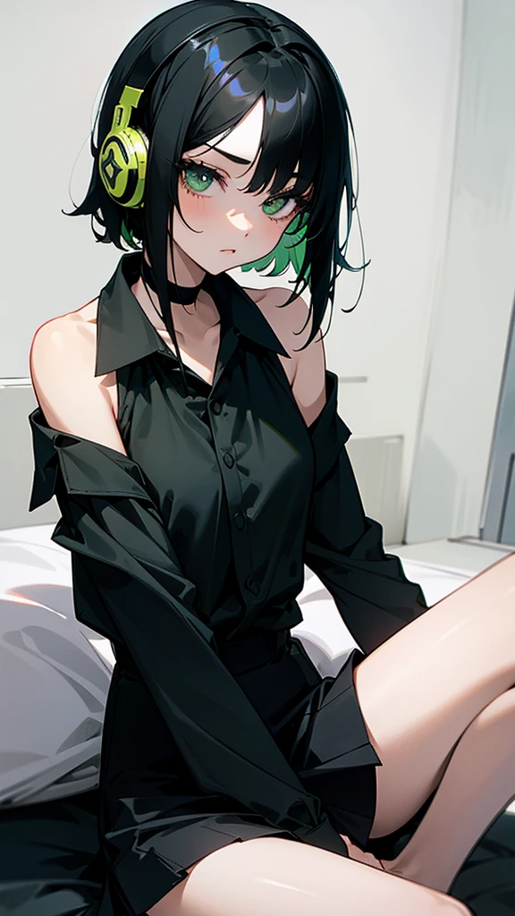 A girl with green eyes short straight black hair is wearing a loose black shirt that falls below her shoulders exposing her shoulders and a short black skirt she wears dark eye makeup is sitting on her bed listening to music with a headphone