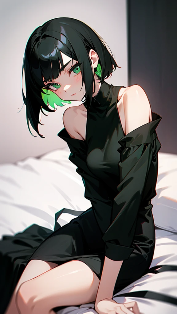 A girl with green eyes short straight black hair is wearing a loose black shirt that falls below her shoulders exposing her shoulders and a short black skirt she wears dark eye makeup is sitting on her bed listening to music with a headphone