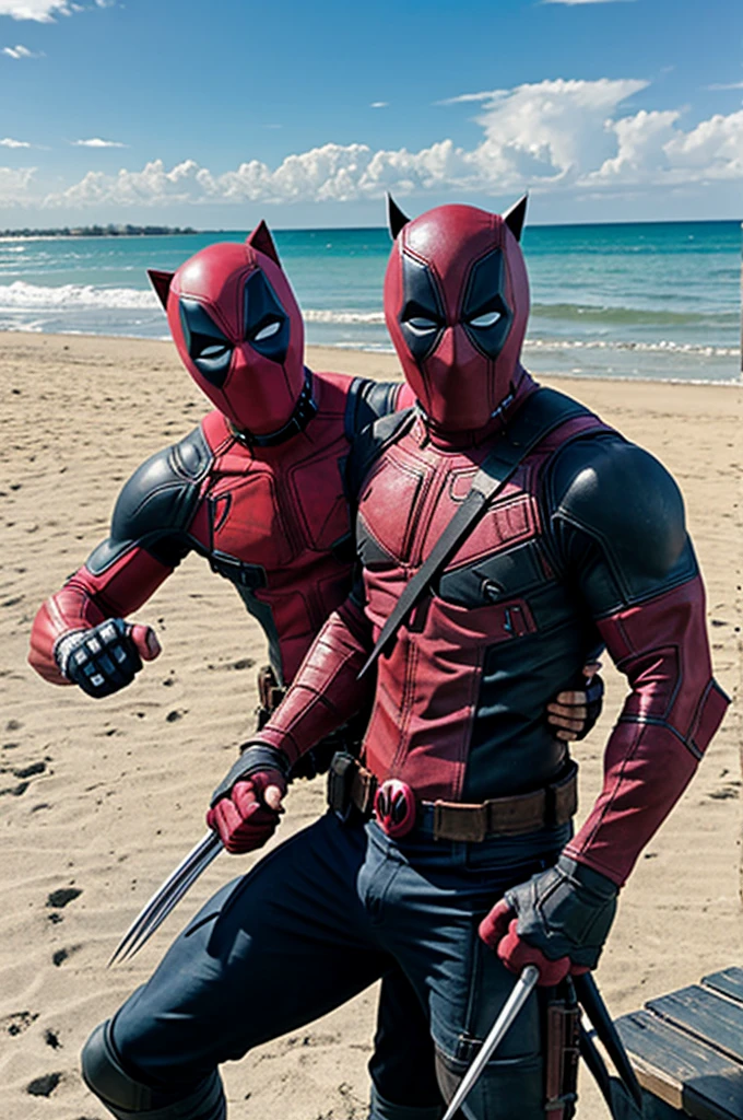 Wolverine de la mano con deadpool en la playa