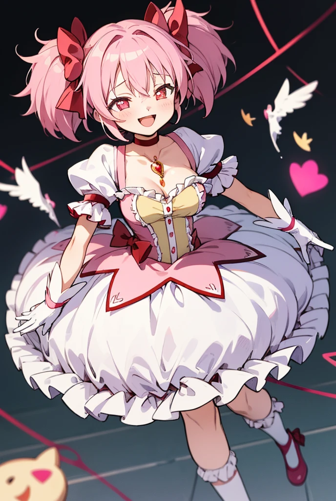 (masterpiece, best quality), 1girl, MadokaAi , pink hair, pink eyes, short hair, bangs, short twintails, medium breasts, blush, smile, open mouth, large breasts, bow, ribbon, twintails, hair ribbon, hair bow, symbol-shaped pupils, red ribbon, pink bow, gloves, white gloves, frilled sleeves, collarbone, soul gem, skirt, dress, shoes, buttons, choker, socks, puffy sleeves, ribbon choker, red choker, puffy short sleeves, frills, choker, cosplay, rose, magical girl, bubble skirt, kaname madoka