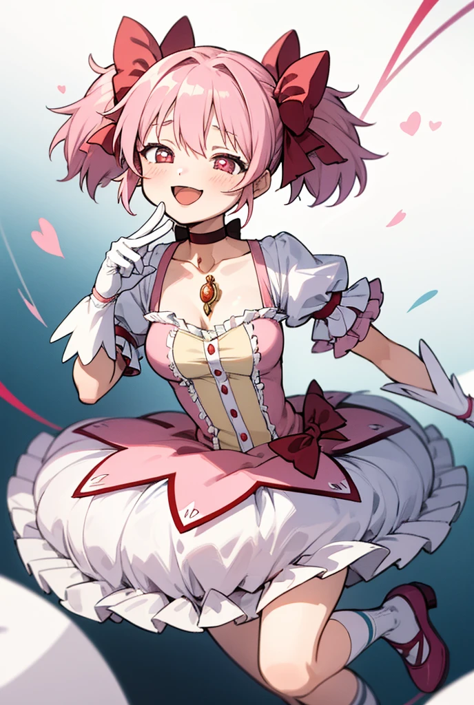 (masterpiece, best quality), 1girl, MadokaAi , pink hair, pink eyes, short hair, bangs, short twintails, medium breasts, blush, smile, open mouth, large breasts, bow, ribbon, twintails, hair ribbon, hair bow, symbol-shaped pupils, red ribbon, pink bow, gloves, white gloves, frilled sleeves, collarbone, soul gem, skirt, dress, shoes, buttons, choker, socks, puffy sleeves, ribbon choker, red choker, puffy short sleeves, frills, choker, cosplay, rose, magical girl, bubble skirt, kaname madoka