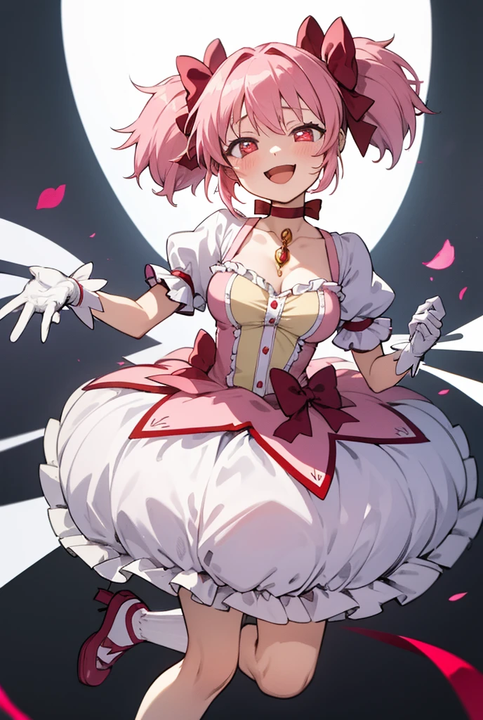 (masterpiece, best quality), 1girl, MadokaAi , pink hair, pink eyes, short hair, bangs, short twintails, medium breasts, blush, smile, open mouth, large breasts, bow, ribbon, twintails, hair ribbon, hair bow, symbol-shaped pupils, red ribbon, pink bow, gloves, white gloves, frilled sleeves, collarbone, soul gem, skirt, dress, shoes, buttons, choker, socks, puffy sleeves, ribbon choker, red choker, puffy short sleeves, frills, choker, cosplay, rose, magical girl, bubble skirt, kaname madoka