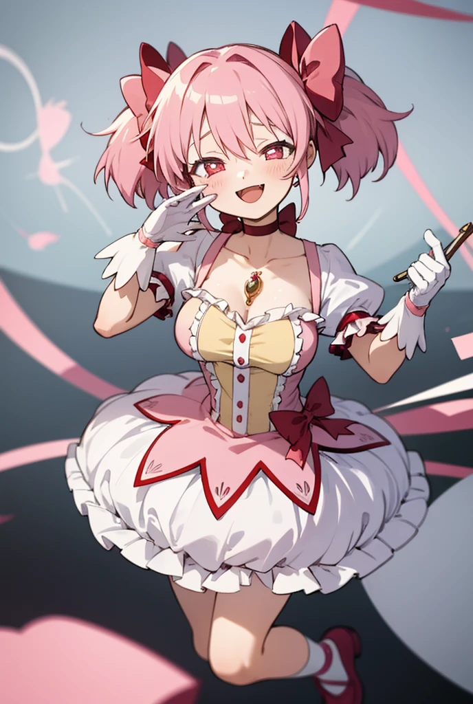 (masterpiece, best quality), 1girl, MadokaAi , pink hair, pink eyes, short hair, bangs, short twintails, medium breasts, blush, smile, open mouth, large breasts, bow, ribbon, twintails, hair ribbon, hair bow, symbol-shaped pupils, red ribbon, pink bow, gloves, white gloves, frilled sleeves, collarbone, soul gem, skirt, dress, shoes, buttons, choker, socks, puffy sleeves, ribbon choker, red choker, puffy short sleeves, frills, choker, cosplay, rose, magical girl, bubble skirt, kaname madoka