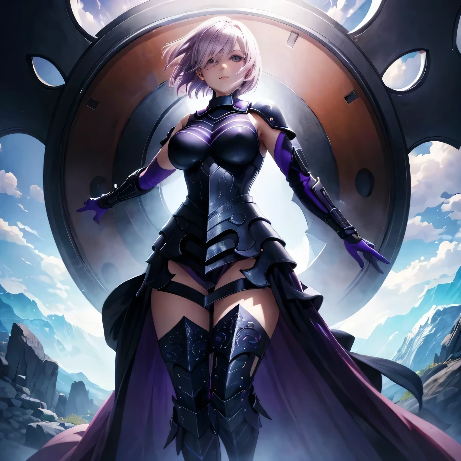 full body, masterpiece, best quality, 1girl, (detailistic), dark armor, dark cross shield, mash kyrielight, light purple hair, short hair, hair over one eye, smile, slim body, detailed eyes, ultra-detailed, hyper-realistic, 8k, cinematic lighting, dramatic lighting, dramatic atmosphere, intricate details, exquisite details, flawless skin, beautiful face, elegant pose, powerful presence, captivating expression, vibrant colors, stunning contrast