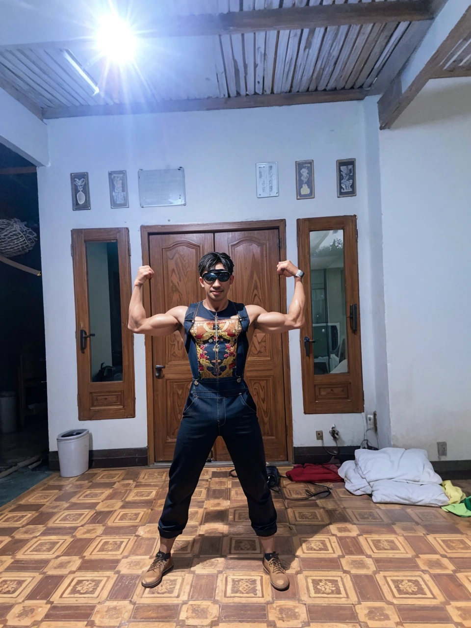 25 age old,Asian men,Realistic, Masterpiece, Best quality, Cinematic, Dynamic lighting, naturalshadow, Ray tracing, voluminetric lighting, Highest detail, Professional photography, Detailed background, Depth of field, insanely details, Intricate, Aesthetic, Detailed face, Detailed skin, Subsurface scattering, photo-realistic hair, Realistic eyes, Muscular, Masculine, Big Pectoral Muscles, (Shiny skin:1), (Sweat:0.5), pecs, Abs, Photo of a handsome man, adeptus mechanicus, Red overalls, mitts, goggles on head, Hold the wrench, workshop, Car,, Fake smile, Dynamic pose,