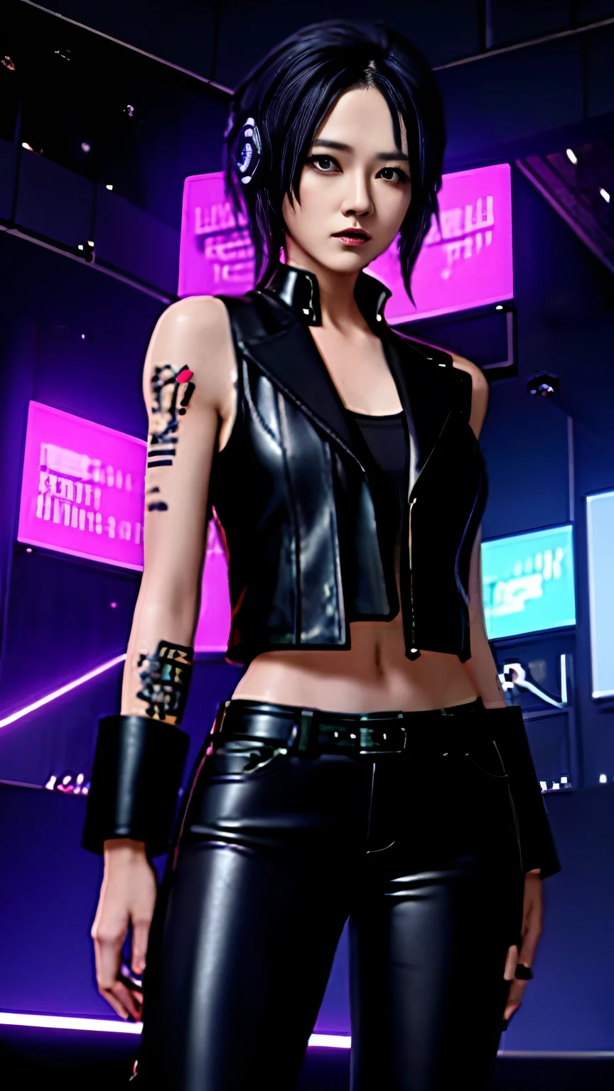 (highest quality)，masterpiece，Super detailed，8K, UHD，Beautiful woman，japanese woman，No expression，whole body，((tattoo))，slim，black leather pants，black leather vest，(female mafia)，gangster，(cyberpunk city)，night，cinematic lightening，underworld