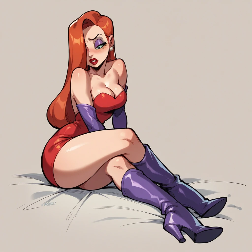 Jessica Rabbit is sad sitting in a poor rented room. She wears a red dress and long boots, she has big tits and a big ass, tomorrow